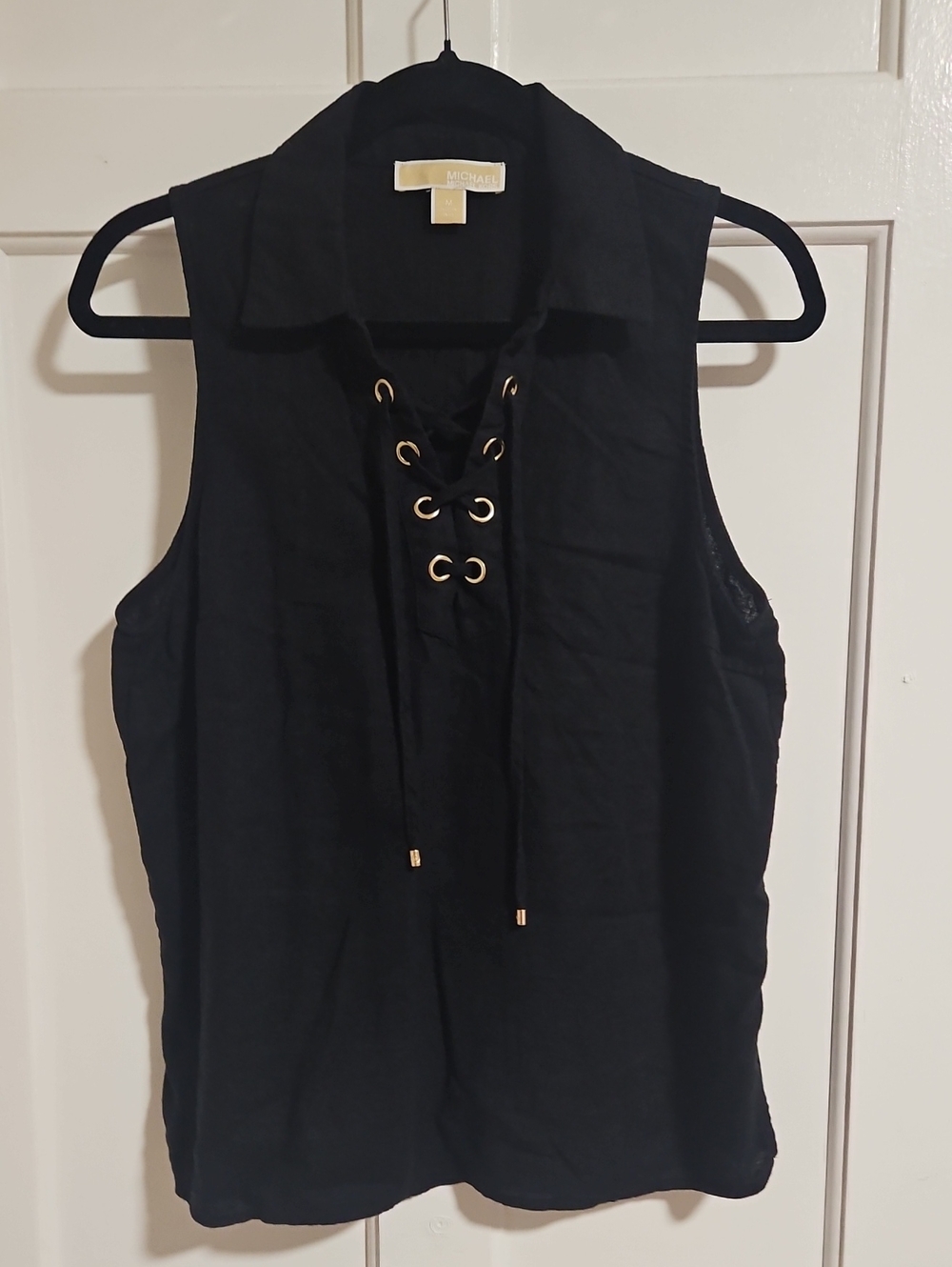 Michael Kors Black Sleeveless Lace-Up Collared Camisole